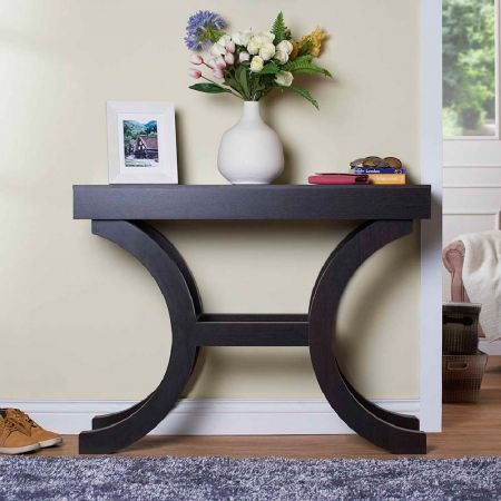 Stolní nohy ve tvaru půlkruhu, tlustá dřevěná deska, konzolový stůl